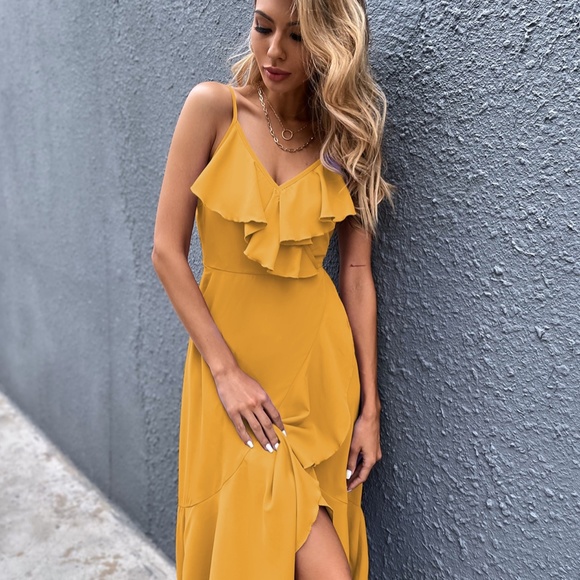 Boho Mustard Yellow Ruffle Tulip Hem Maxi Dress - Picture 5 of 15